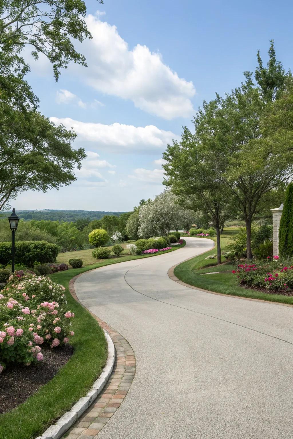 Branching paths add functionality and interest to a curved driveway.