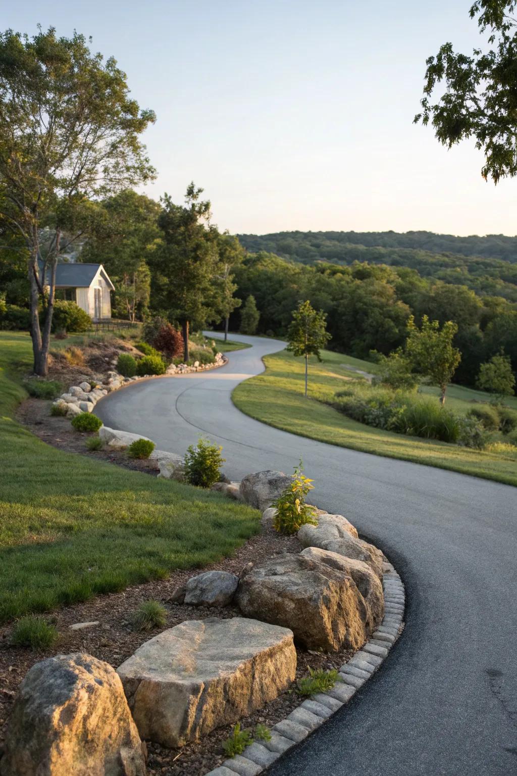 Natural rock accents add a rustic touch to the driveway.