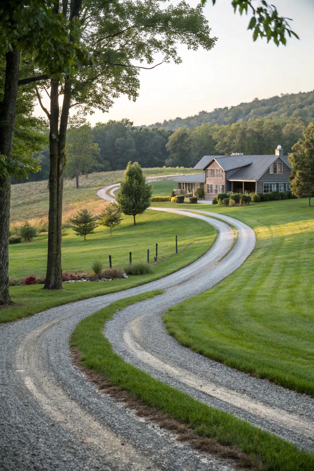 Gravel and grass combine for a rustic yet refined driveway look.