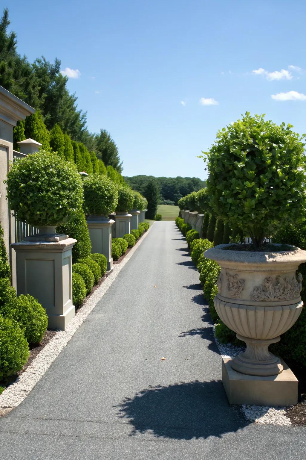 Symmetrical planters create a balanced and inviting entrance.