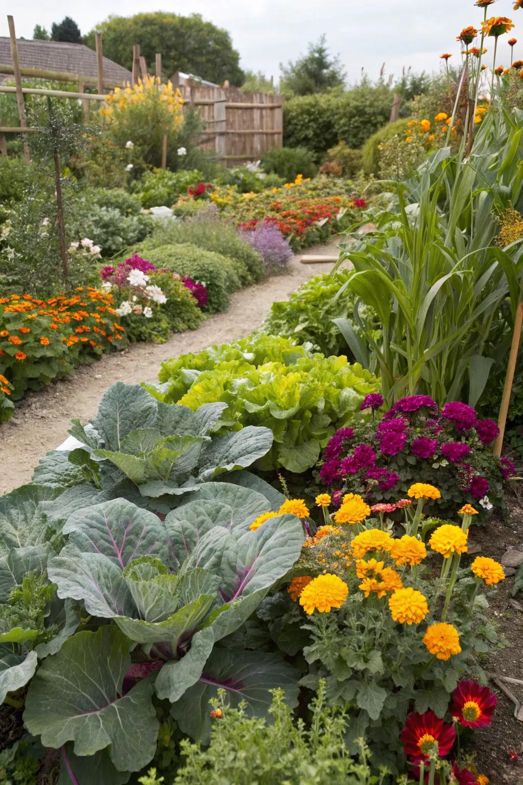 Interplanting veggies with flowers creates a lively garden space.