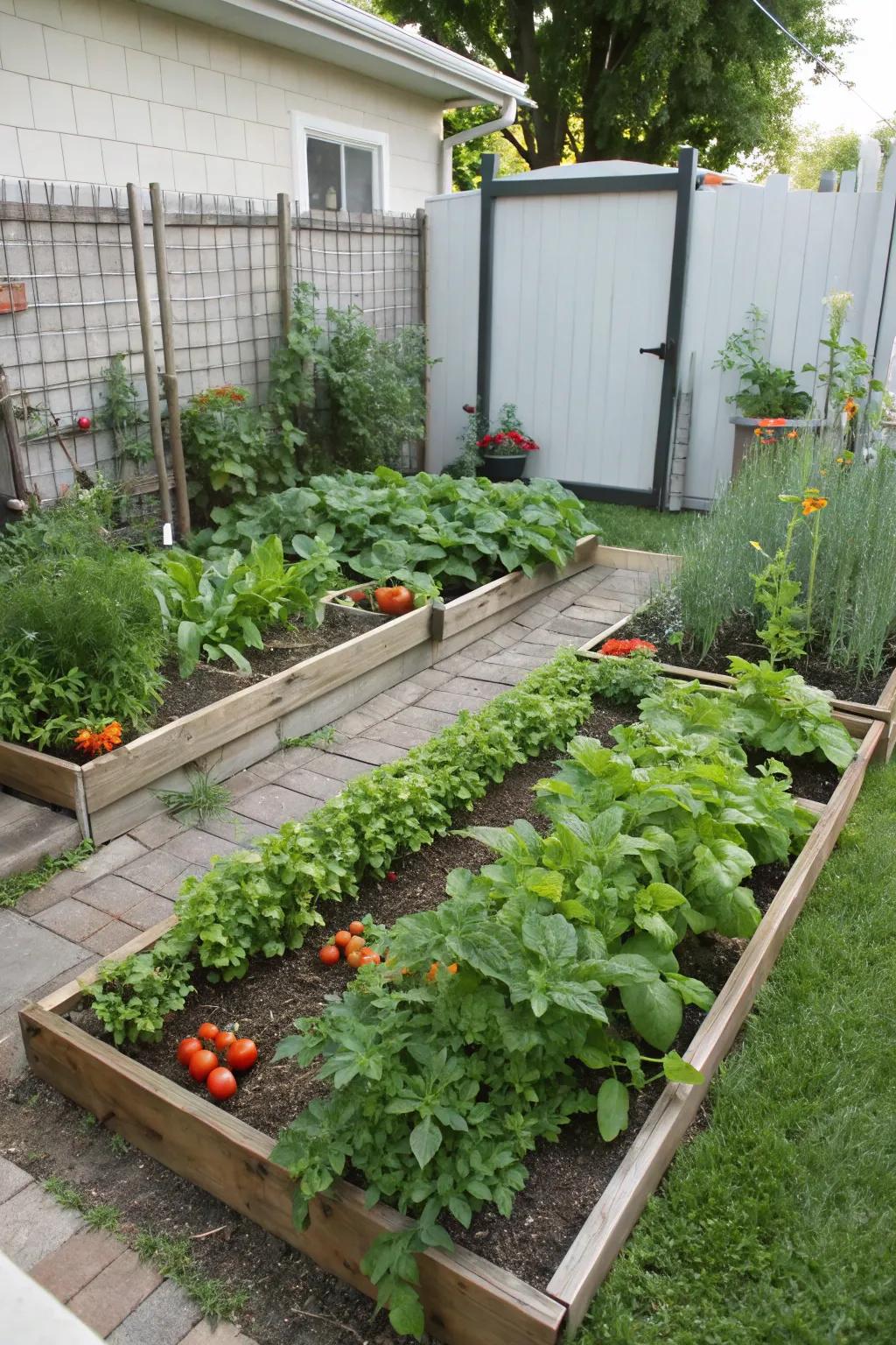 Compact raised beds brimming with fresh vegetables.