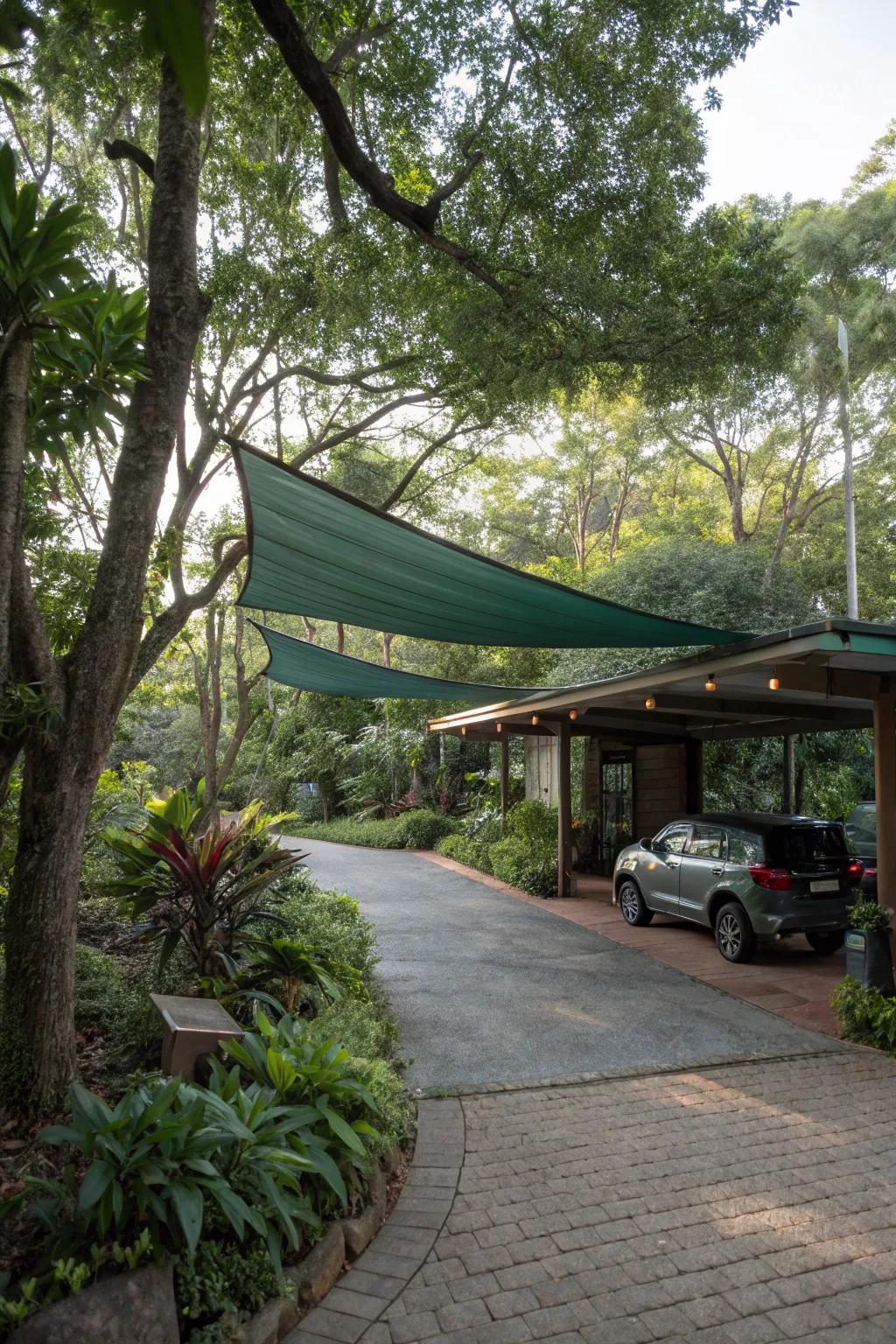 Green sails create a serene, nature-inspired retreat.