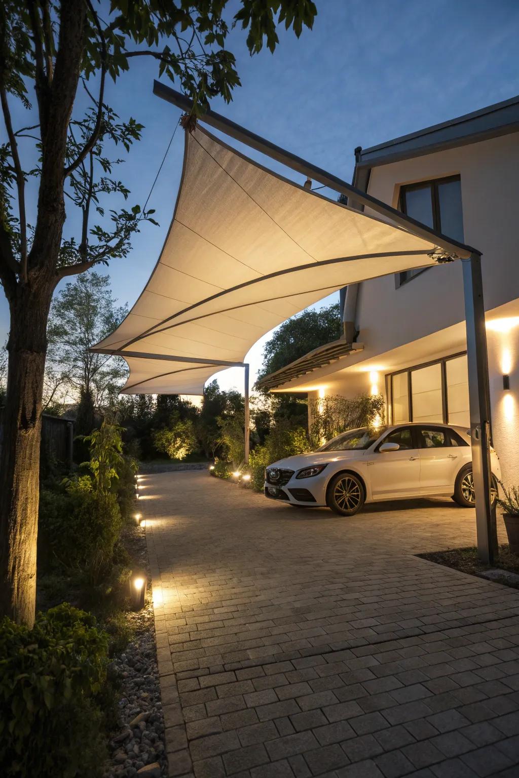 Integrated lighting adds nighttime charm to your carport.