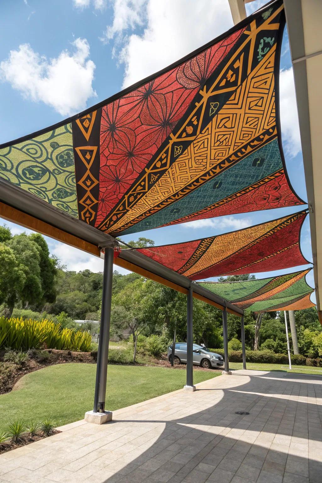 Geometric patterns turn shade sails into art.