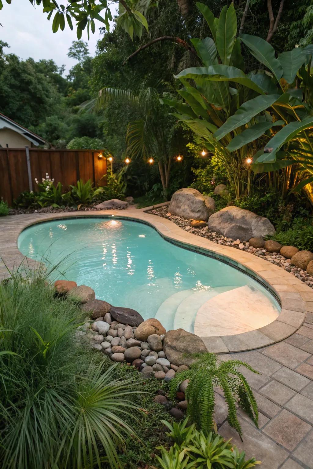 An artistic kidney-shaped pool with natural elements.