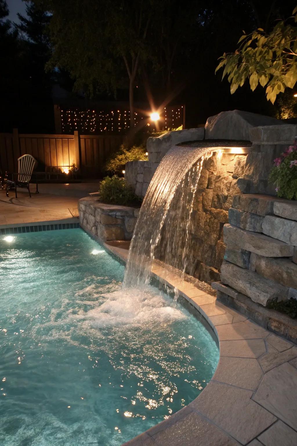 A dramatic waterfall feature adds elegance to this pool.
