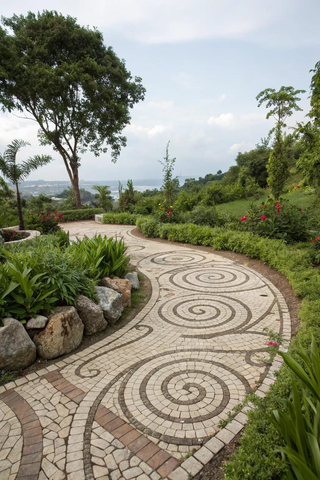 Artistic stone patterns adding a unique visual element to the garden.