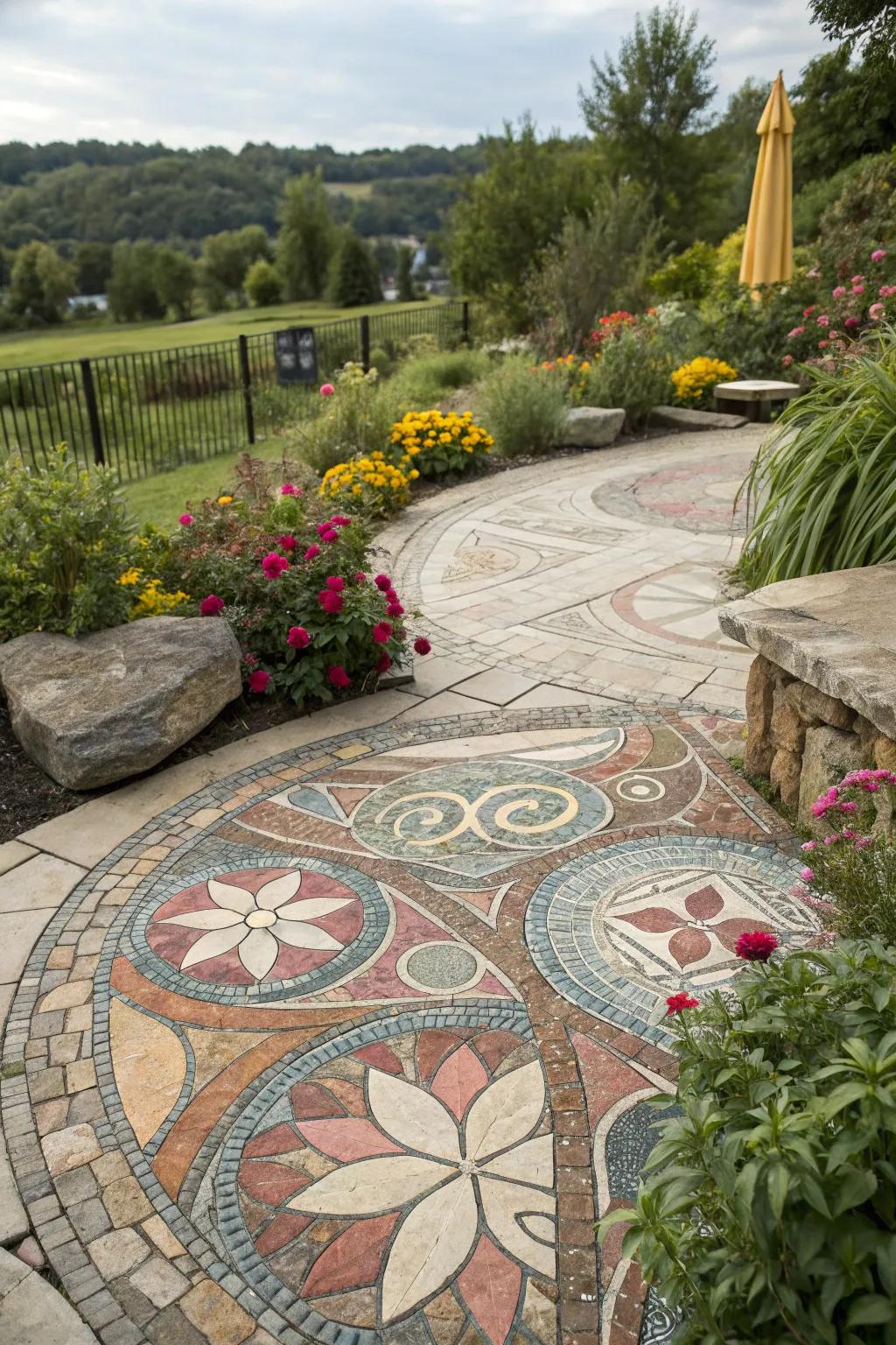 An artistic mosaic stone patio serving as the garden's vibrant centerpiece.