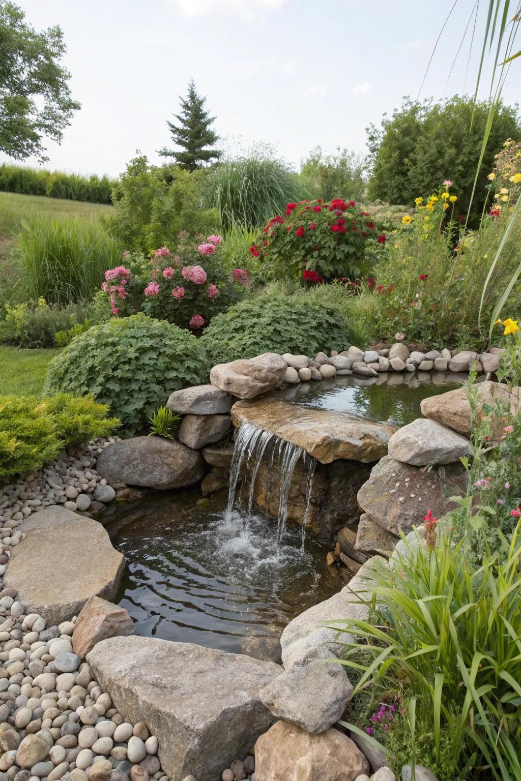 A tranquil stone water feature creating a peaceful garden atmosphere.