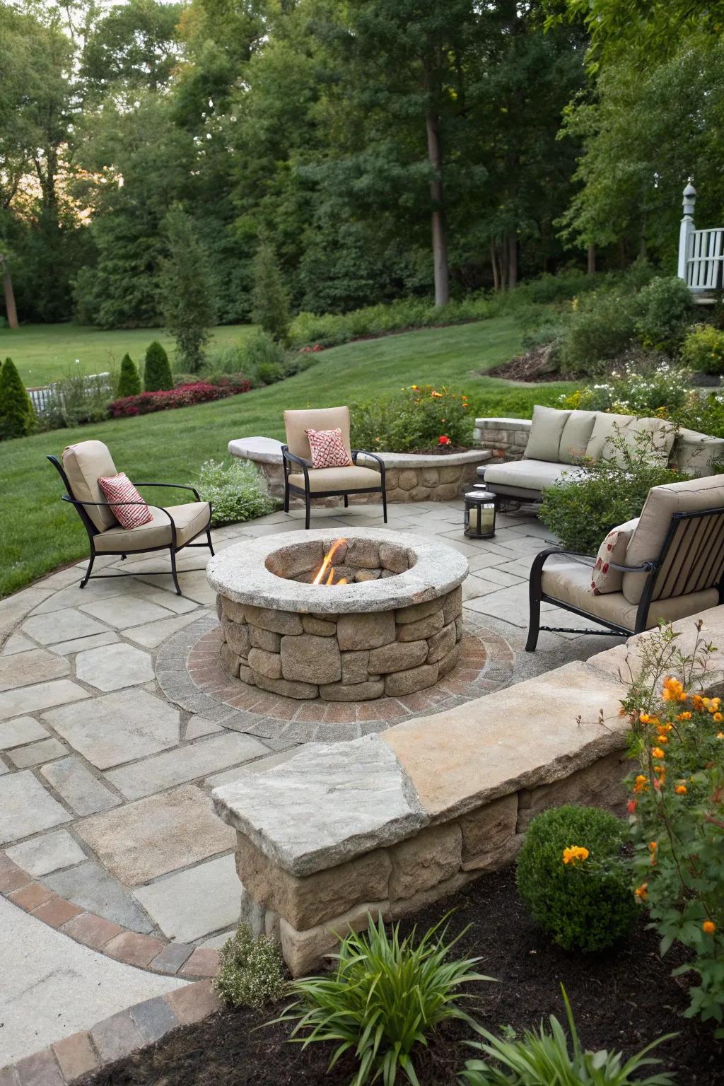 A cozy stone fire pit creating a warm gathering spot in the garden.
