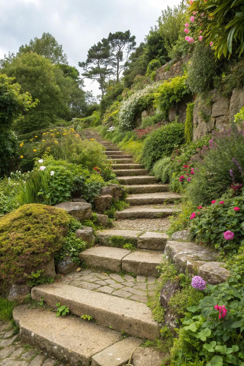 Natural stone steps merging functionality with the garden's natural beauty.