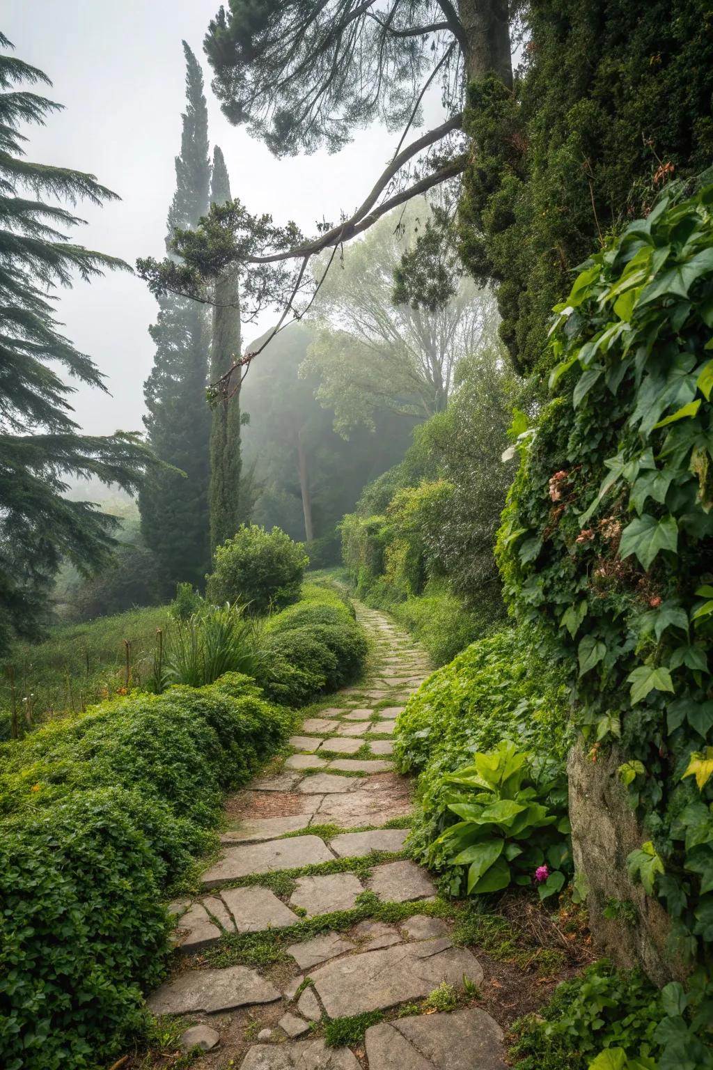 A mysterious stone path inviting exploration in a secret garden.
