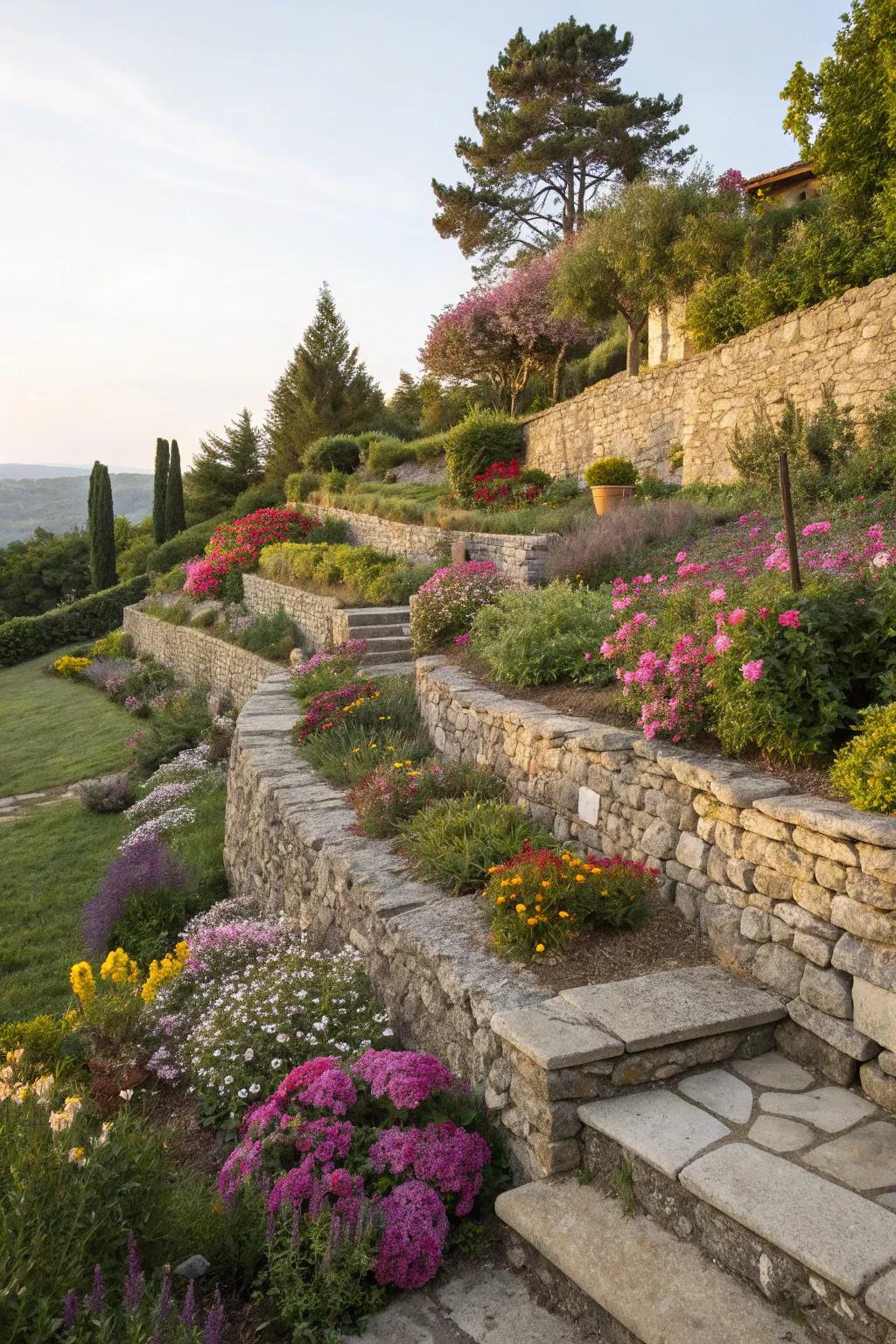 Terraced garden beds offering layers of beauty and practicality.