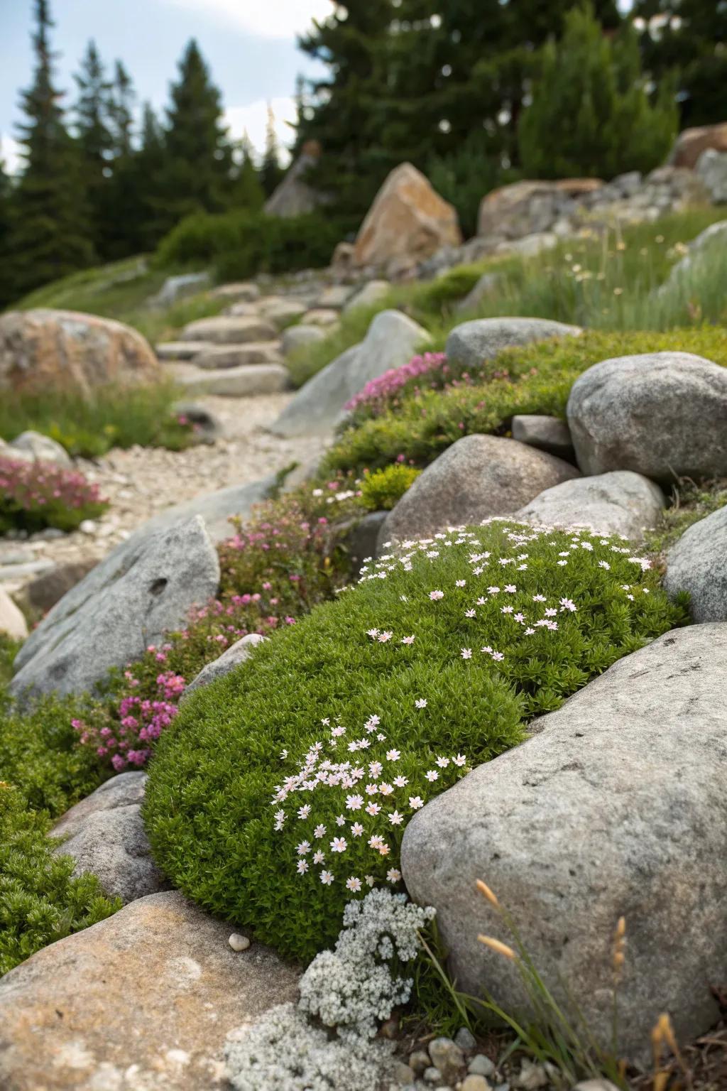 A resilient rock garden featuring hardy alpine plants.