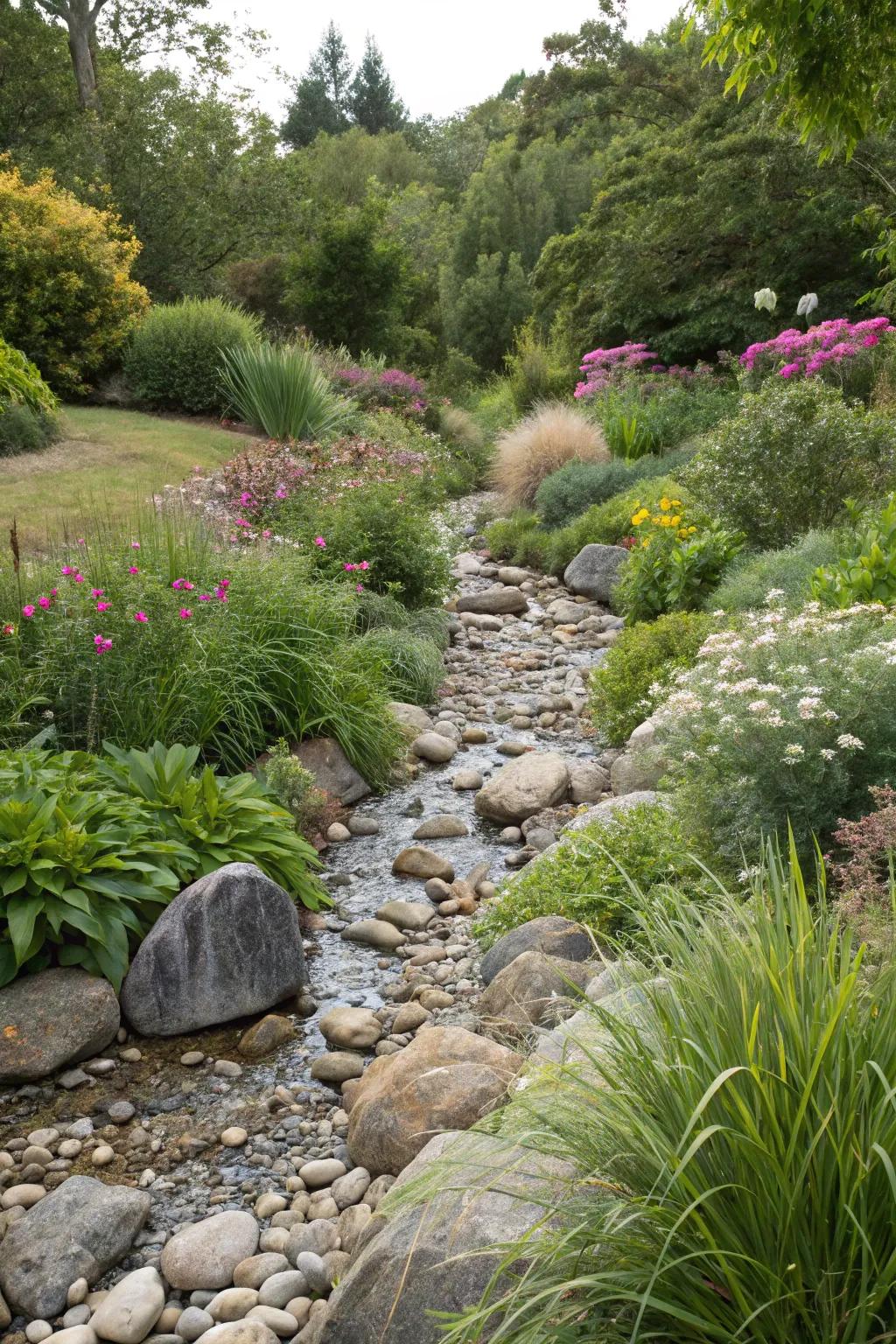 A functional dry creek bed directing water flow in a garden setting.