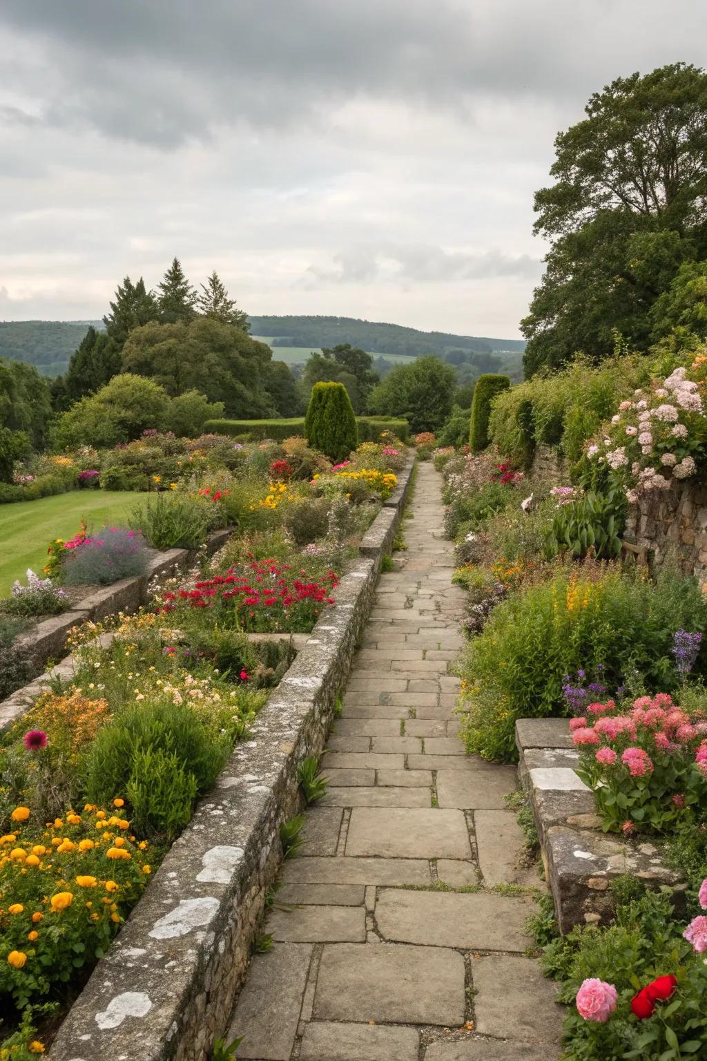 Charming stone borders adding definition and appeal to the garden.