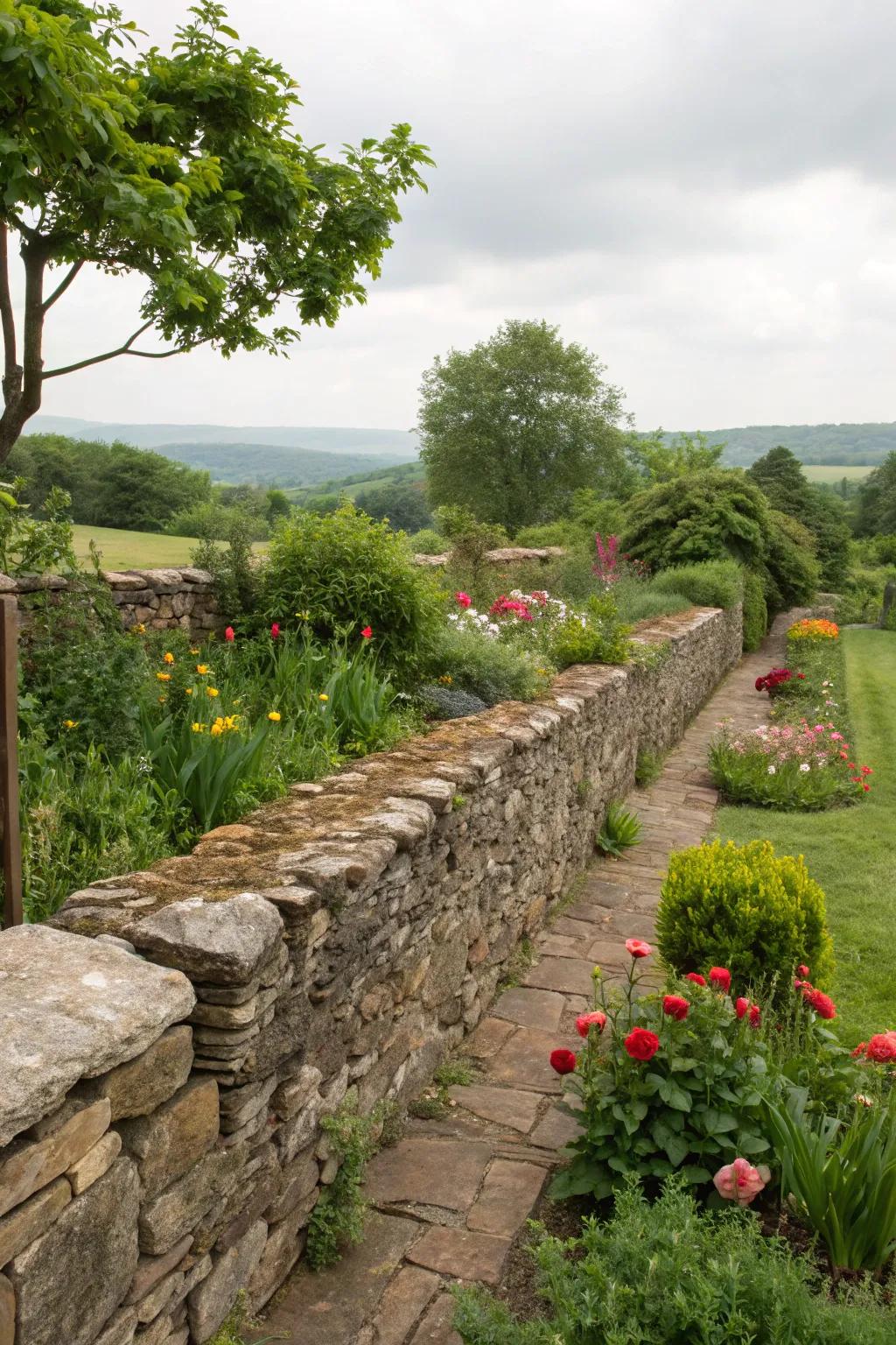 A rustic stone garden wall defining space and adding privacy.