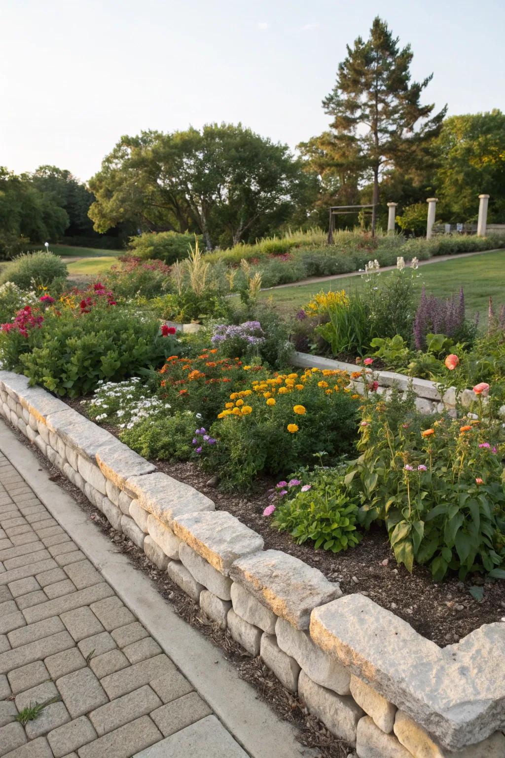 Neat stone edging adding structure and style to a vibrant garden bed.