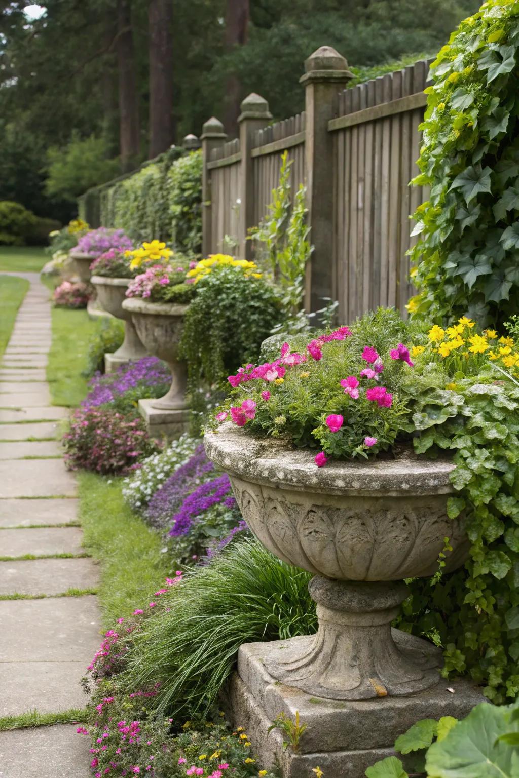 Stone planters adding depth and a focal point in the garden.