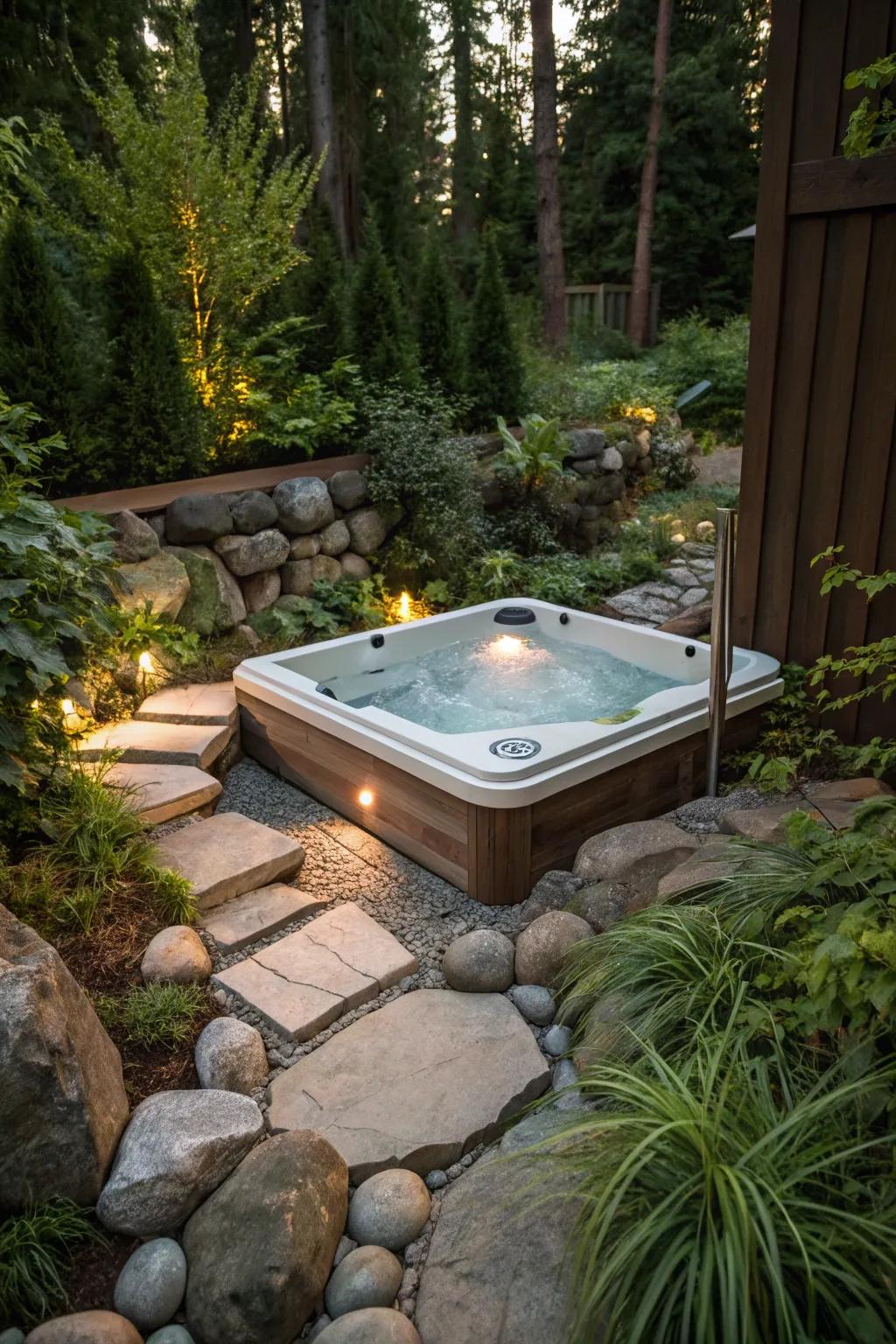 Natural elements create a harmonious and tranquil setting for your hot tub.