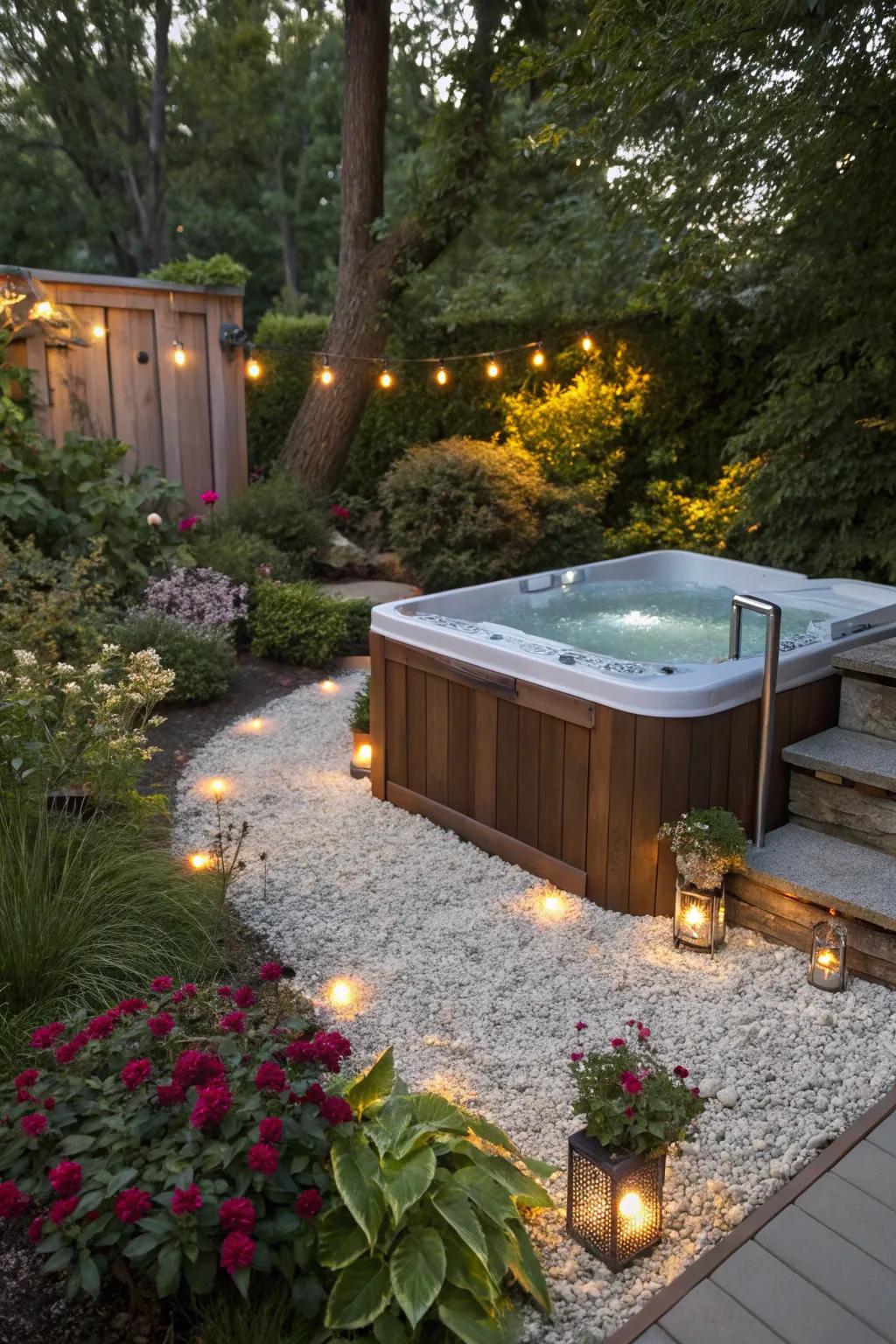 Gravel bases provide rustic charm and practical drainage for your hot tub.