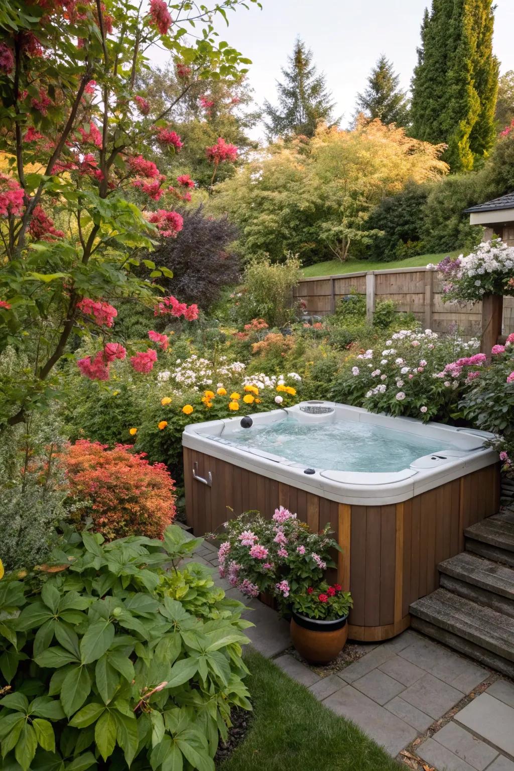 A garden setting provides a peaceful and natural ambiance for your hot tub.