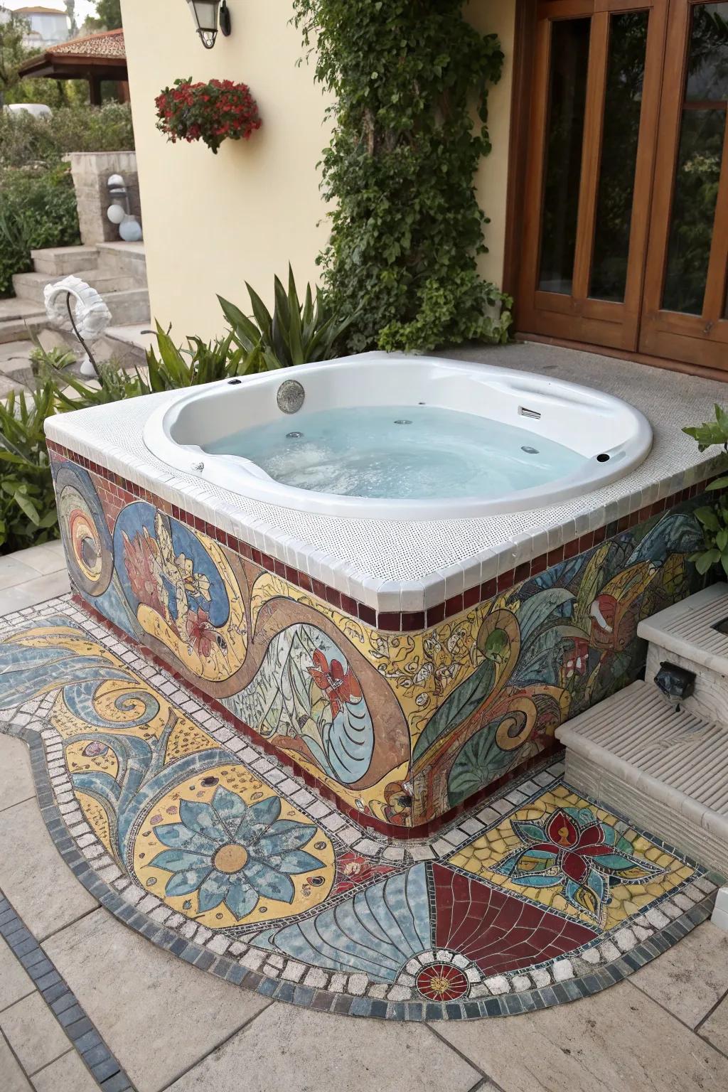 Mosaic tiles create an artistic and striking base for your hot tub.