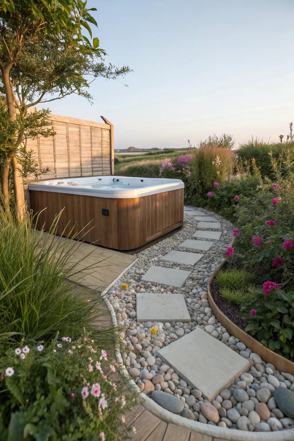 Pebble pathways offer a spa-like entrance to your hot tub retreat.
