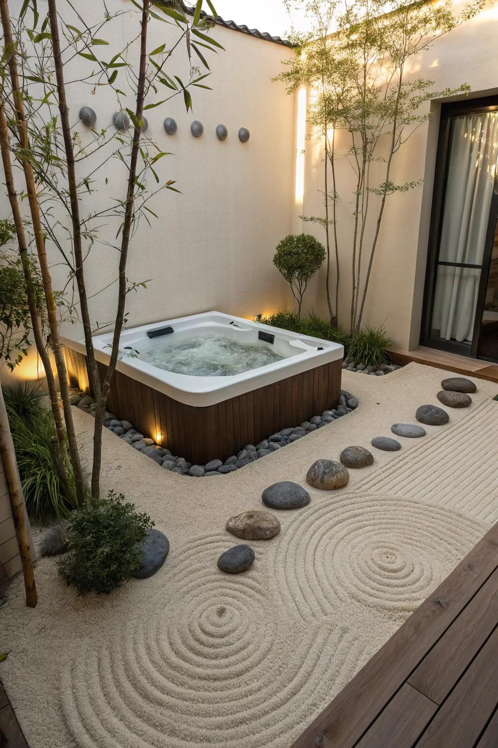 A Zen sand garden offers a tranquil and unique setting for your hot tub.