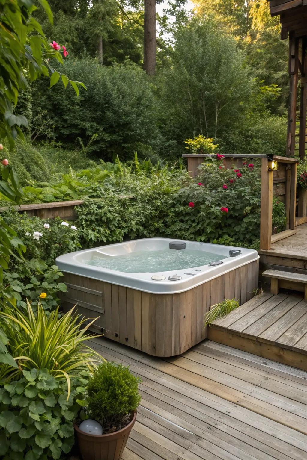 A cozy wooden deck creates a warm, inviting space for your hot tub.