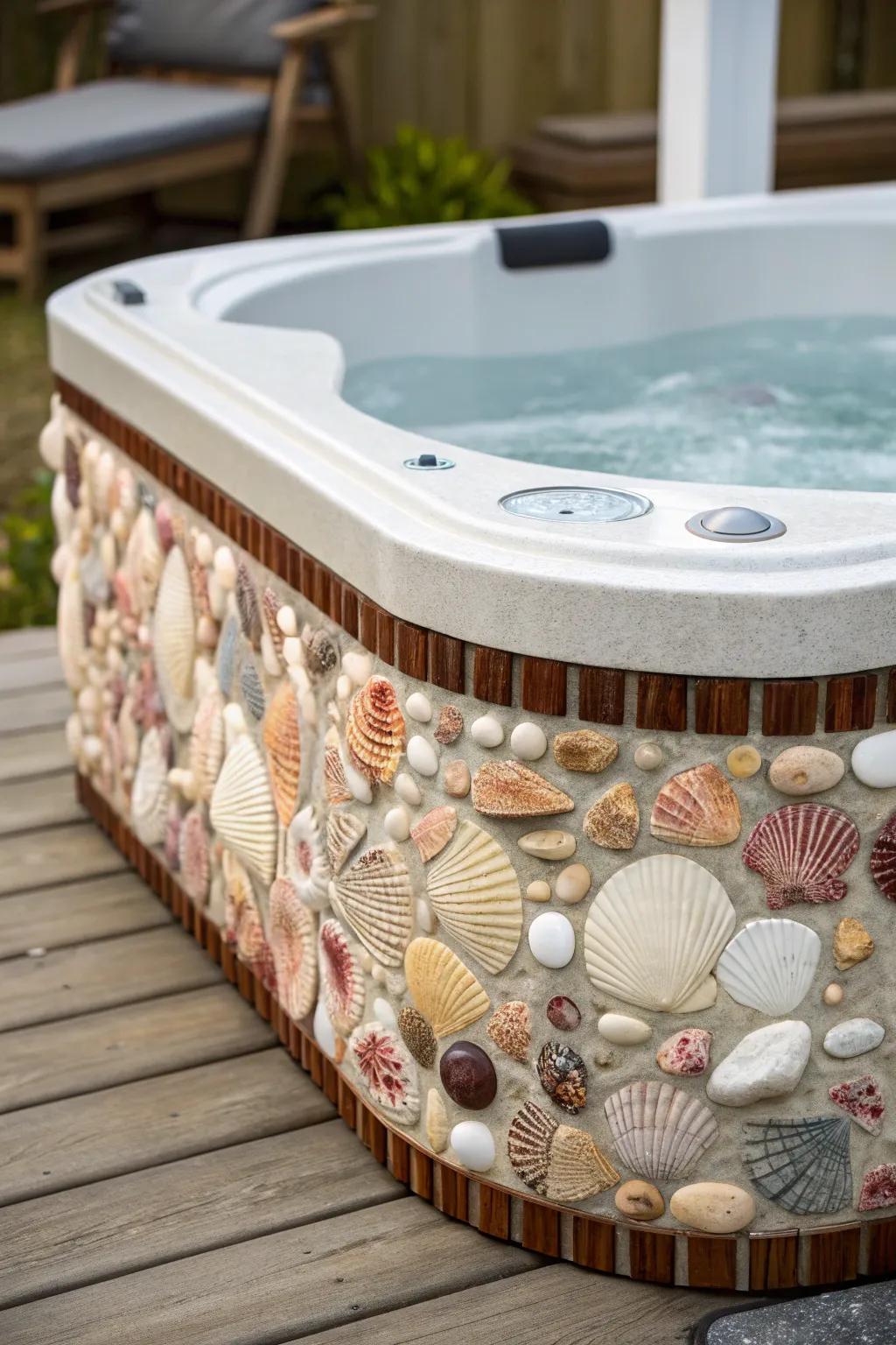 Seashell mosaics add a coastal and whimsical touch to your hot tub area.