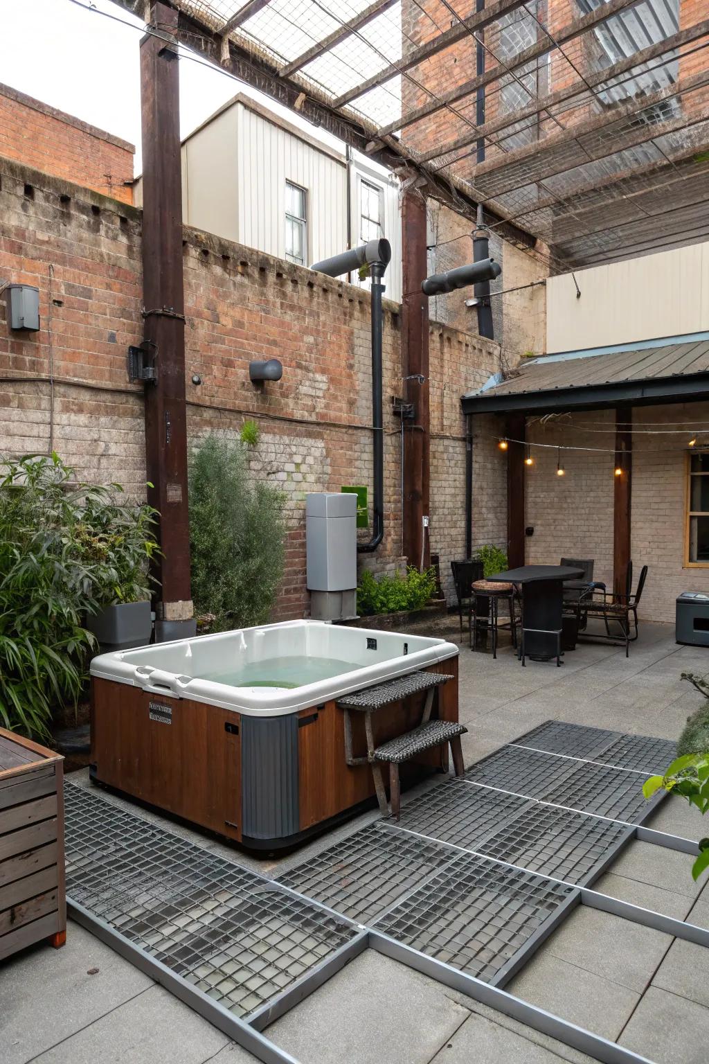Metal grates provide an industrial chic aesthetic for your hot tub base.
