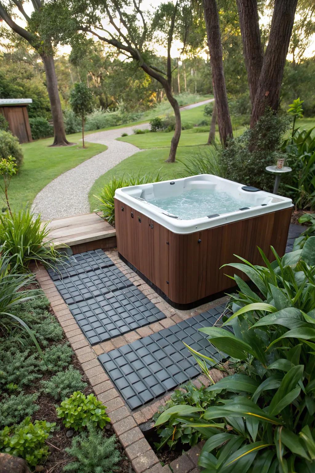 Recycled plastic tiles offer sustainability and durability for your hot tub base.