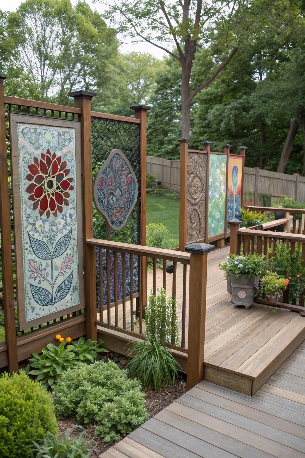 Outdoor art panels provide privacy and personalization.