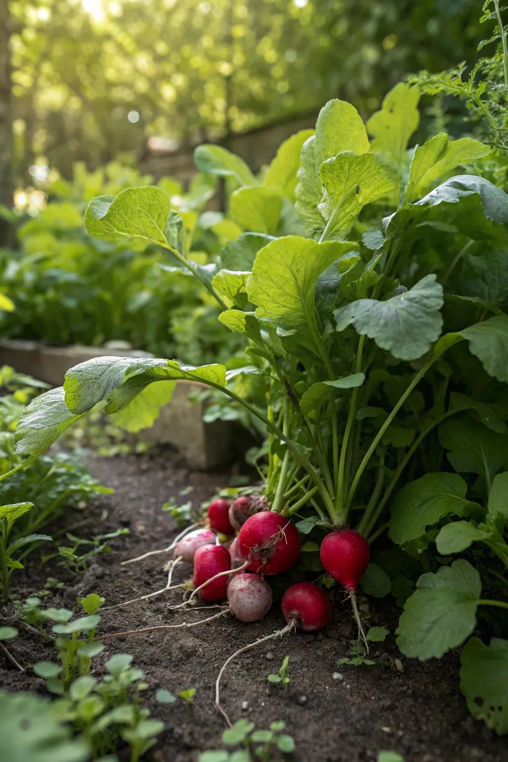 Radishes maturing quickly in partially shaded areas, ready for harvest.