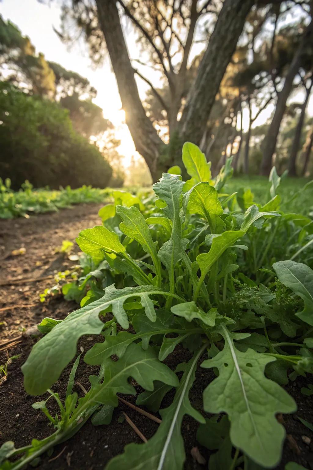 Peppery arugula growing robustly in a garden with dappled sunlight.