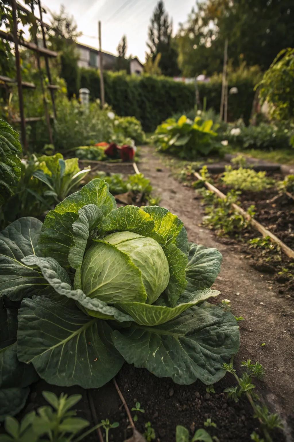 Cabbage producing robust heads in partially shaded garden areas.