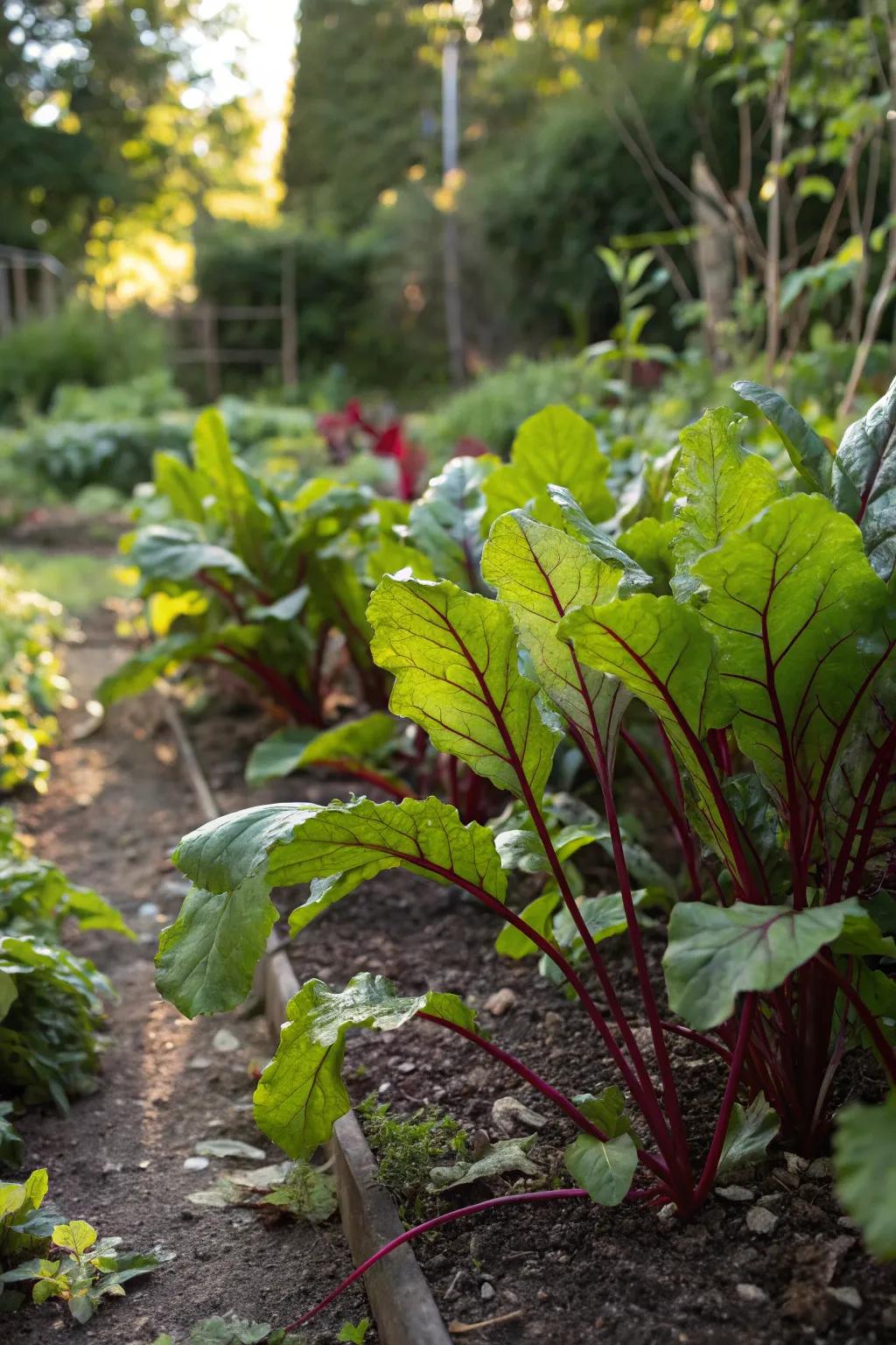 Nutritious beet greens thriving in the shade, perfect for salads and sautés.