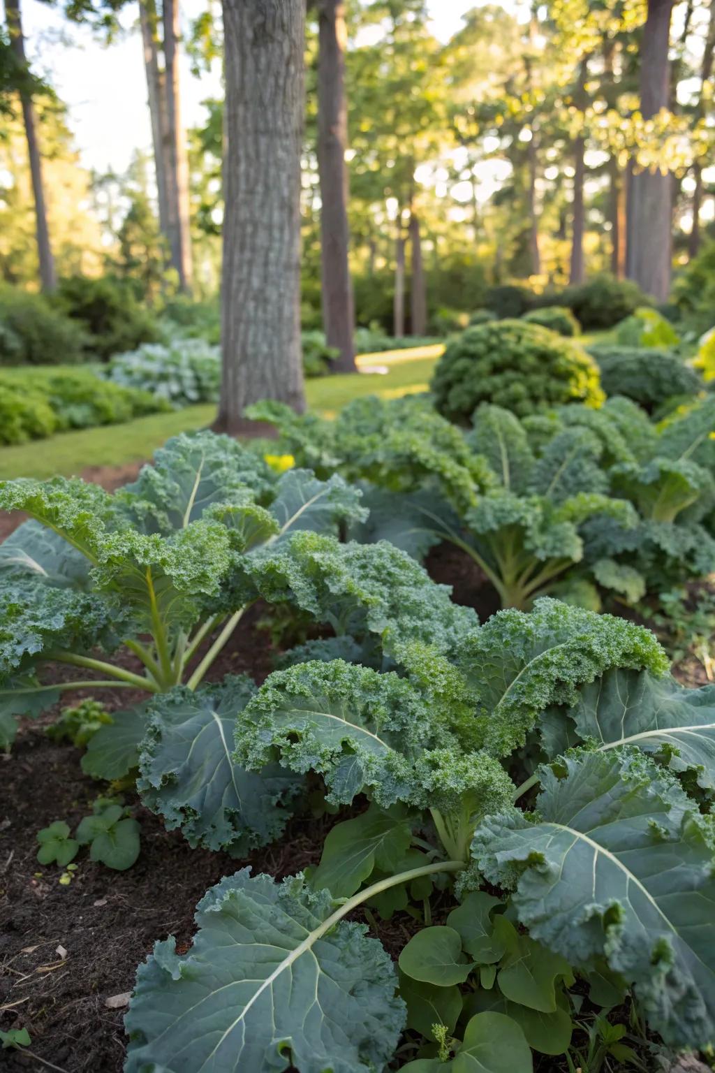 Curly kale growing vigorously in a shaded part of the garden.