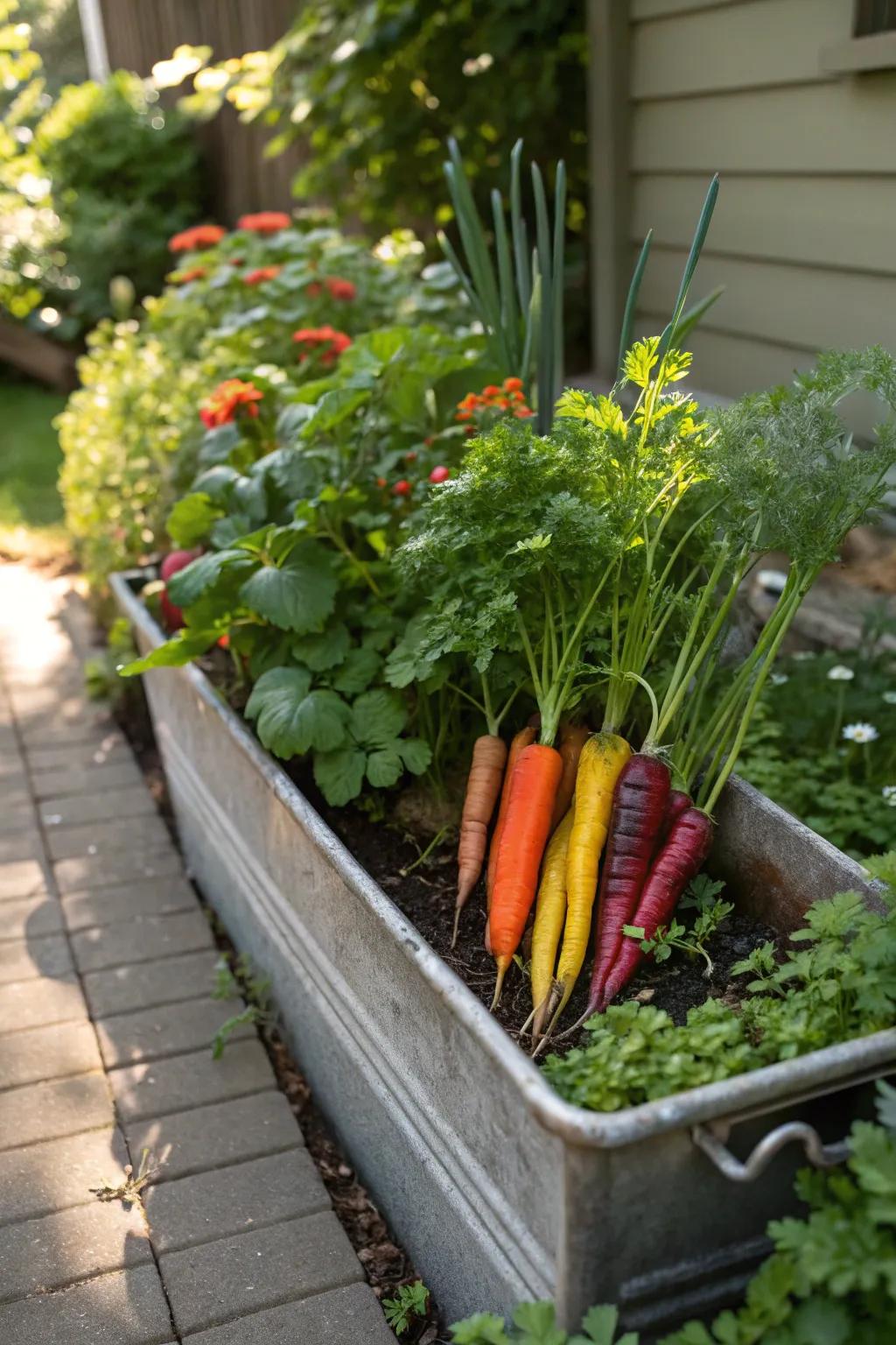 Baby carrots growing happily in shaded container gardens, ready for harvest.