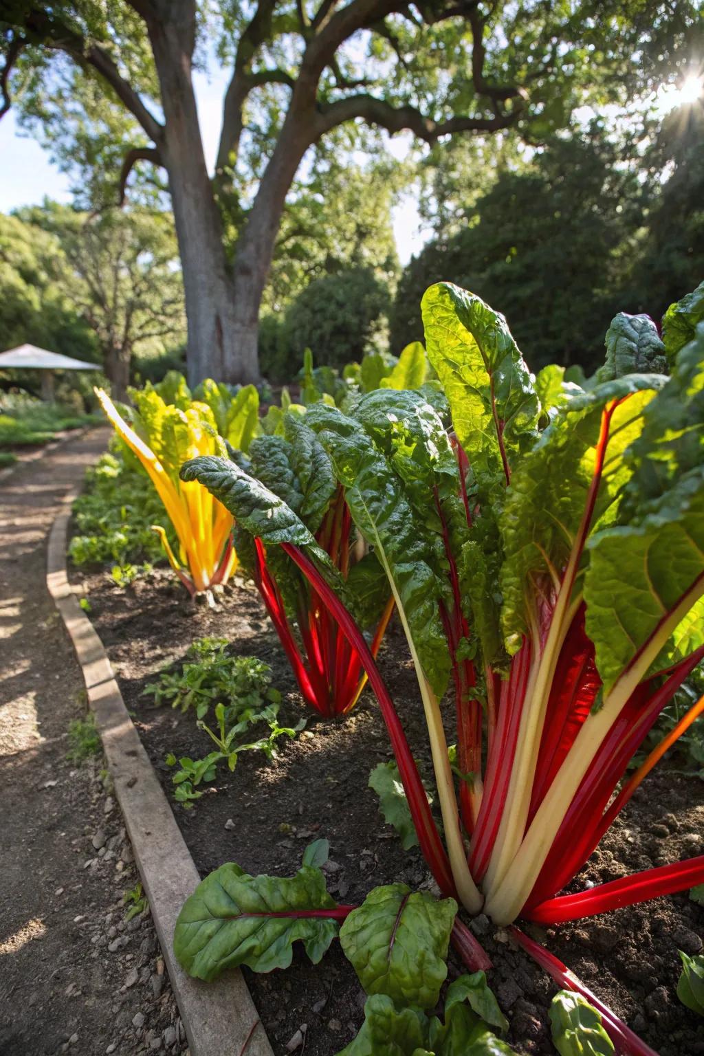 Swiss chard adding color and vibrancy to a shaded garden space.