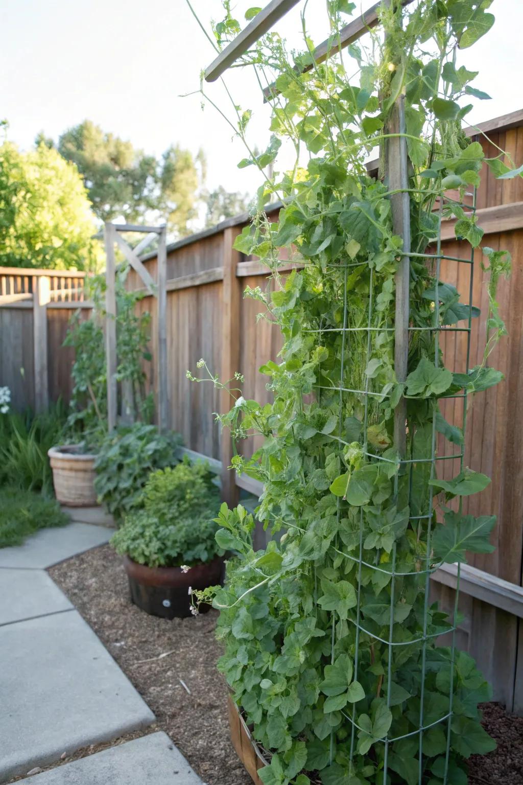 Peas climbing a trellis in a shaded garden, making the most of vertical space.