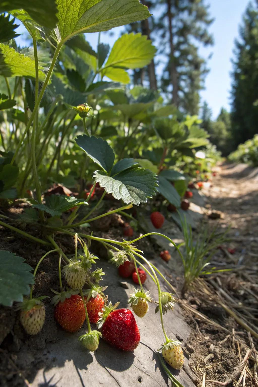 Strawberries creating sweet surprises in shaded garden spots.