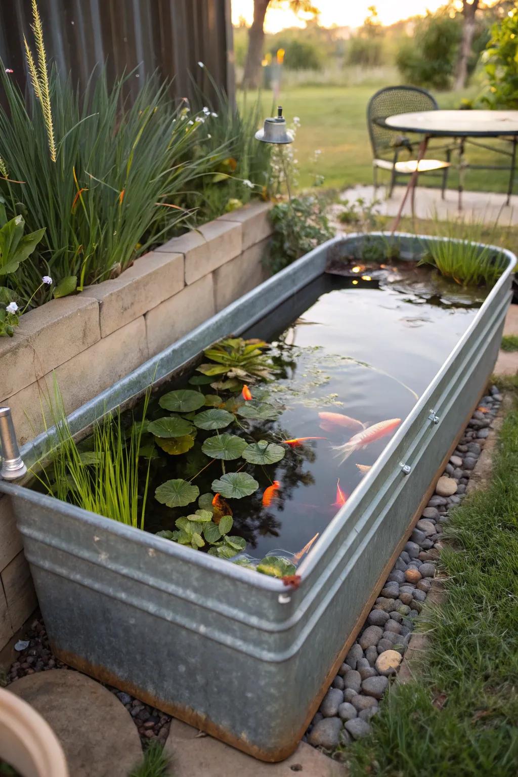 Repurpose a trough for a rustic pond.