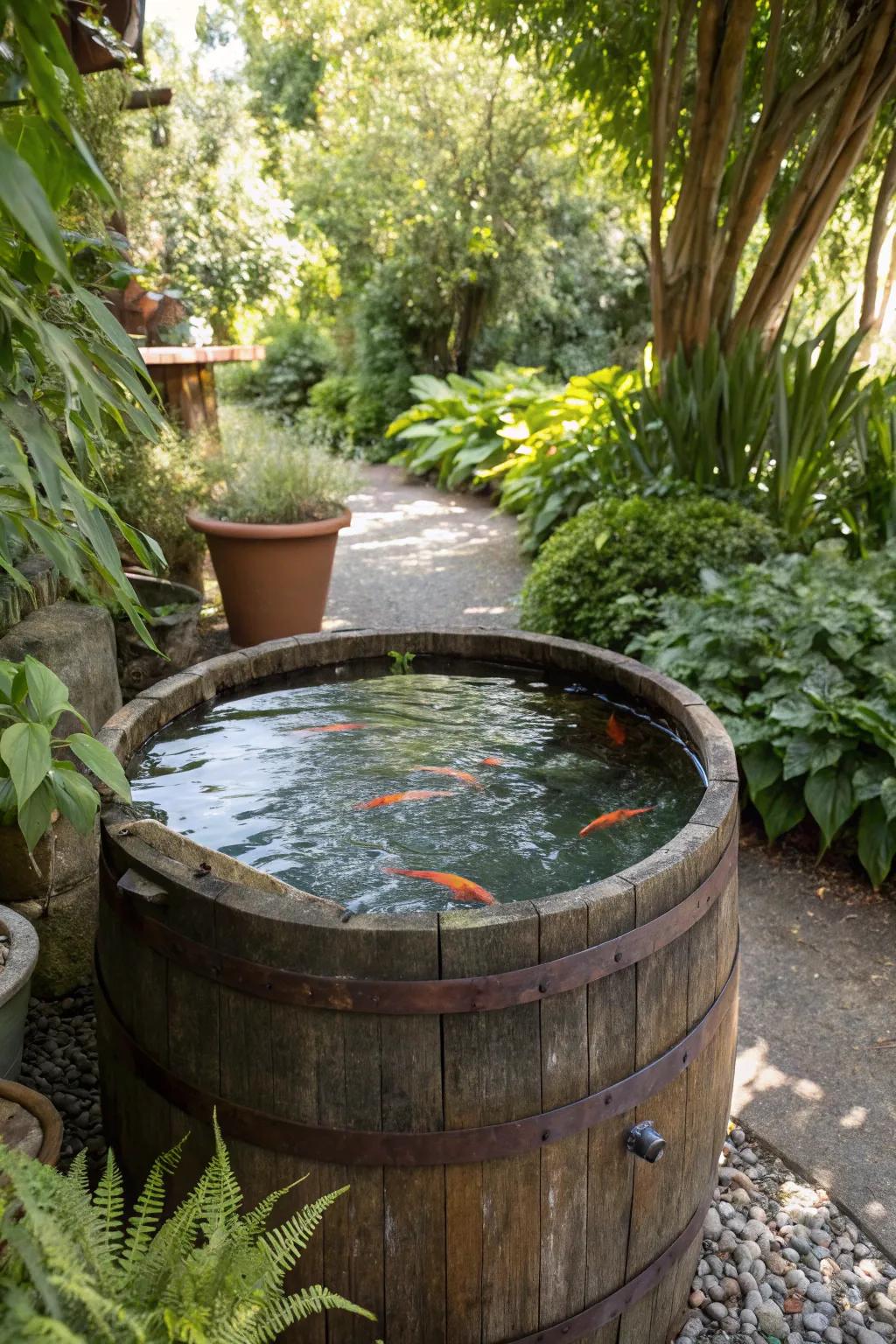 Transform a simple barrel into a rustic pond.