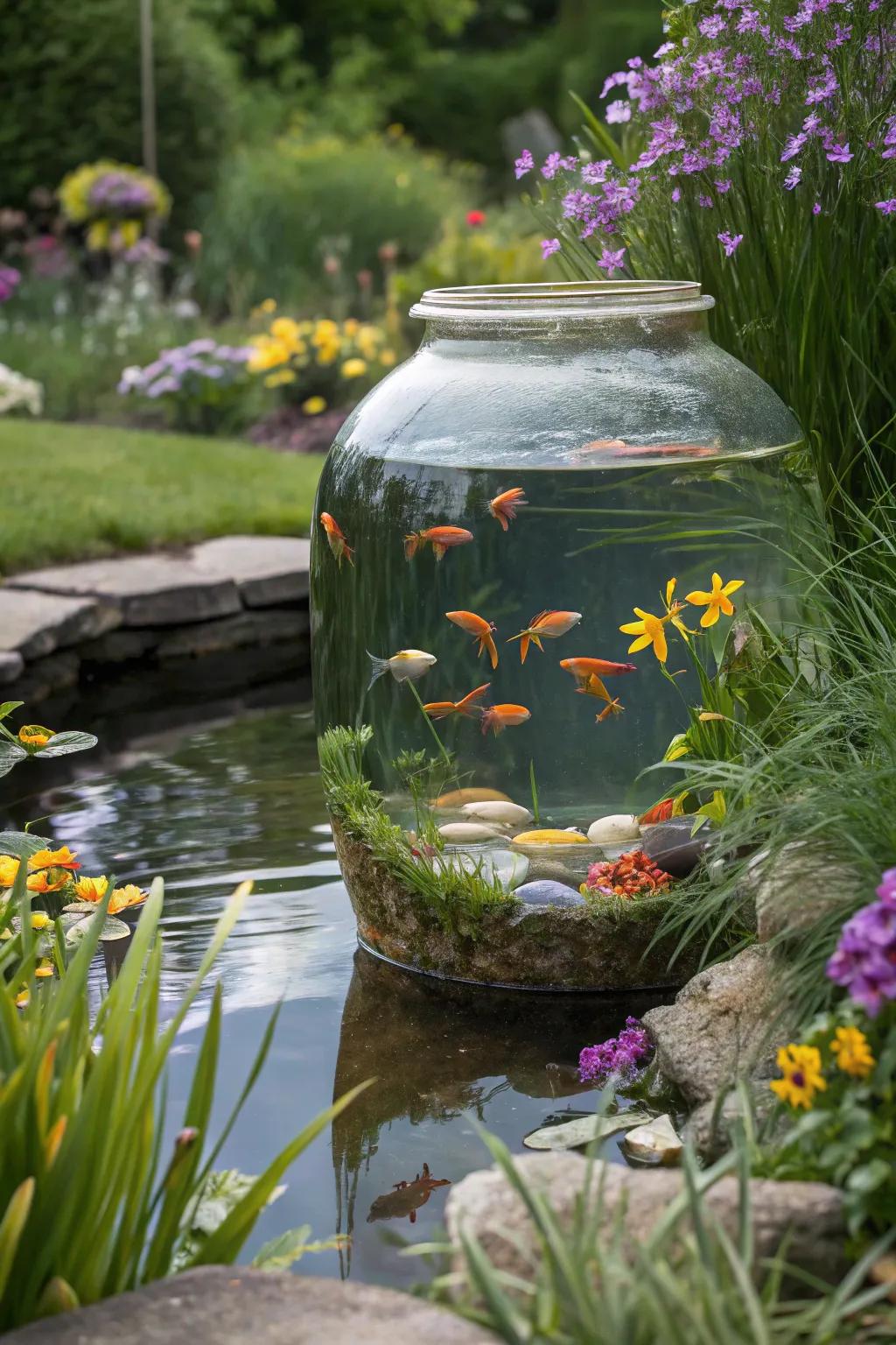 Add whimsy with glass jar fish tanks.