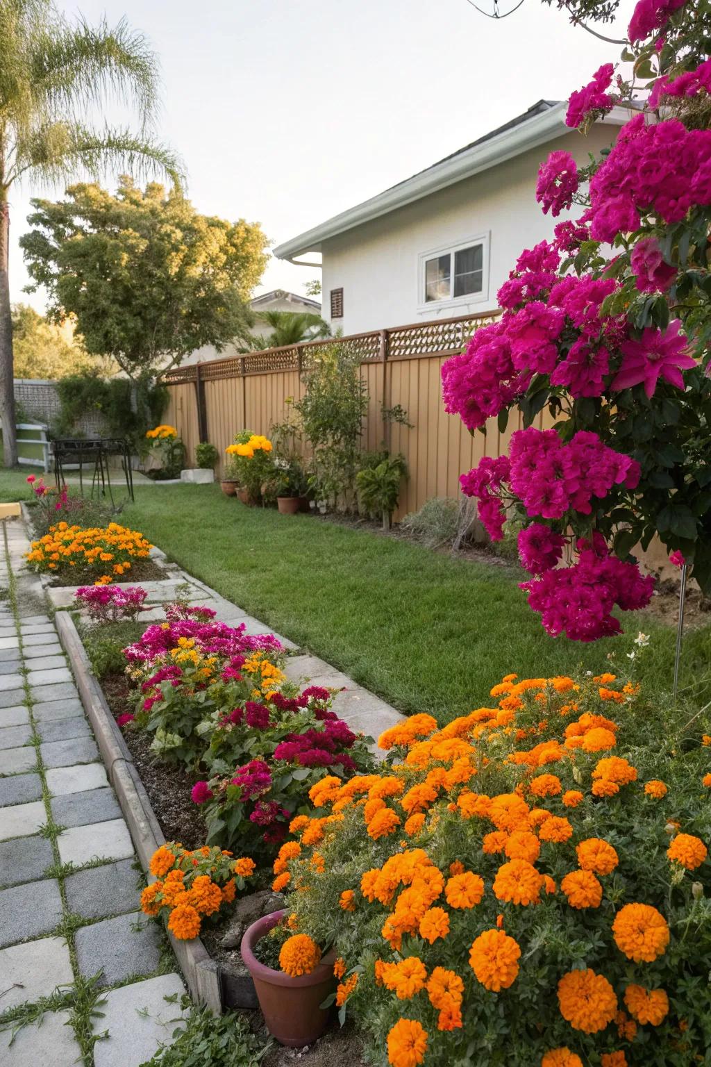 Bougainvillea and marigolds adding vibrant colors to a Southwest Florida garden.