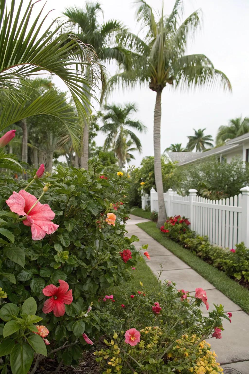 A Southwest Florida garden bursting with tropical plants like palms and hibiscus.