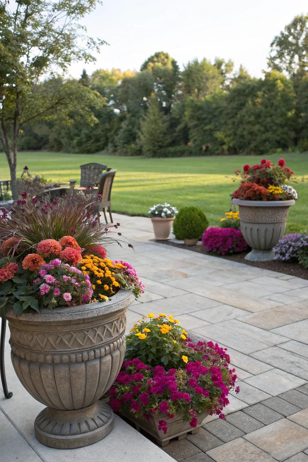 Colorful planters adding a personal touch to a Southwest Florida patio.
